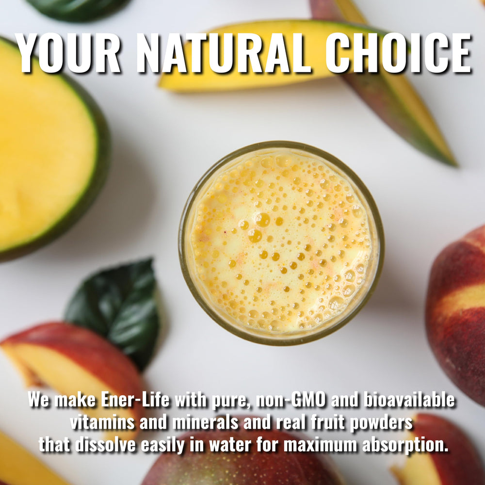 Ener-C Peach Mango ingredients label showing non-GMO vegan gluten-free formulation