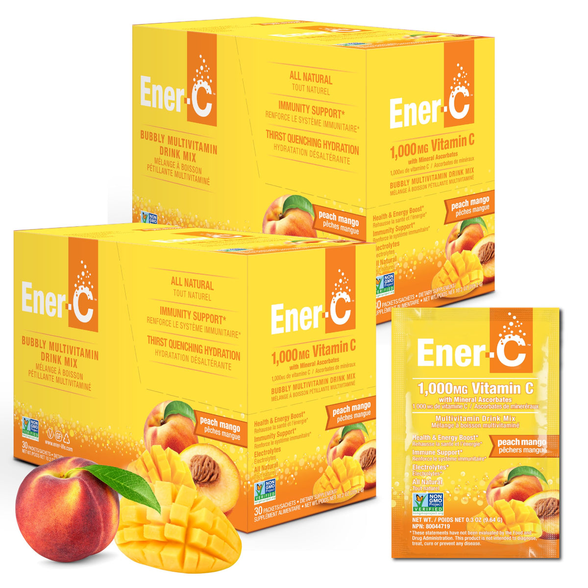 Ener-C peach mango packet close-up showing convenient vitamin mix for on-the-go hydration.