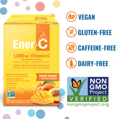 Ener-C peach mango packet open with powder ready to dissolve for a refreshing sip.