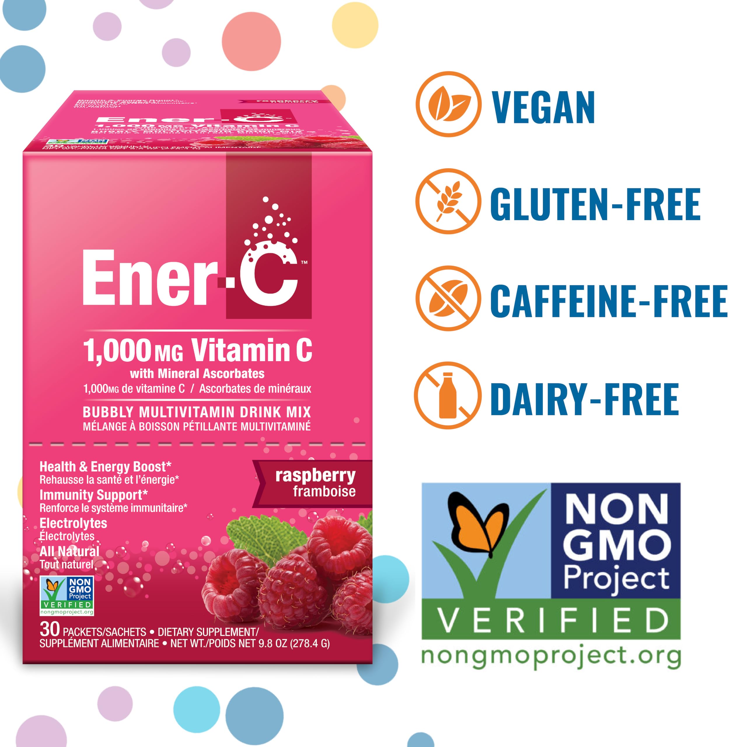 Ener-C raspberry flavored powder packet close-up for hydration and flavor.