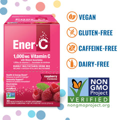 Ener-C raspberry flavored powder packet close-up for hydration and flavor.