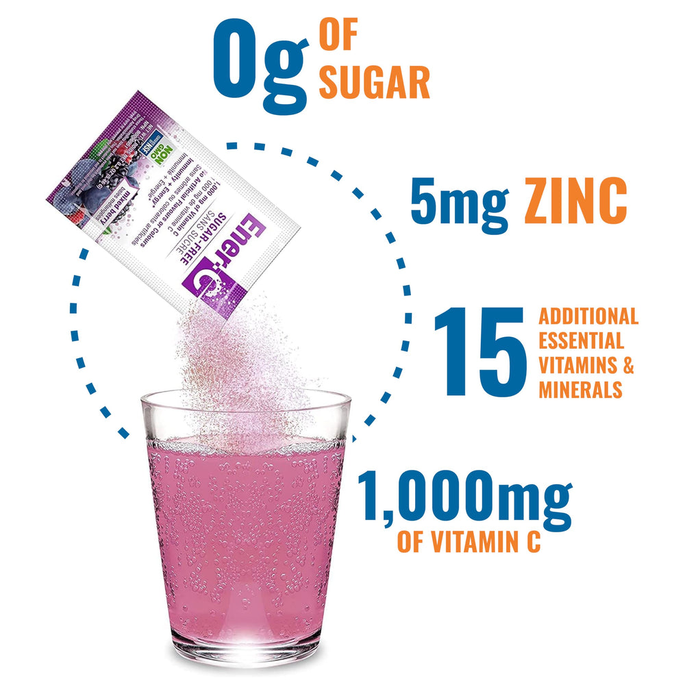 Ener-C sugar-free energy mixed berry glass with fizz showcases real fruit powders.