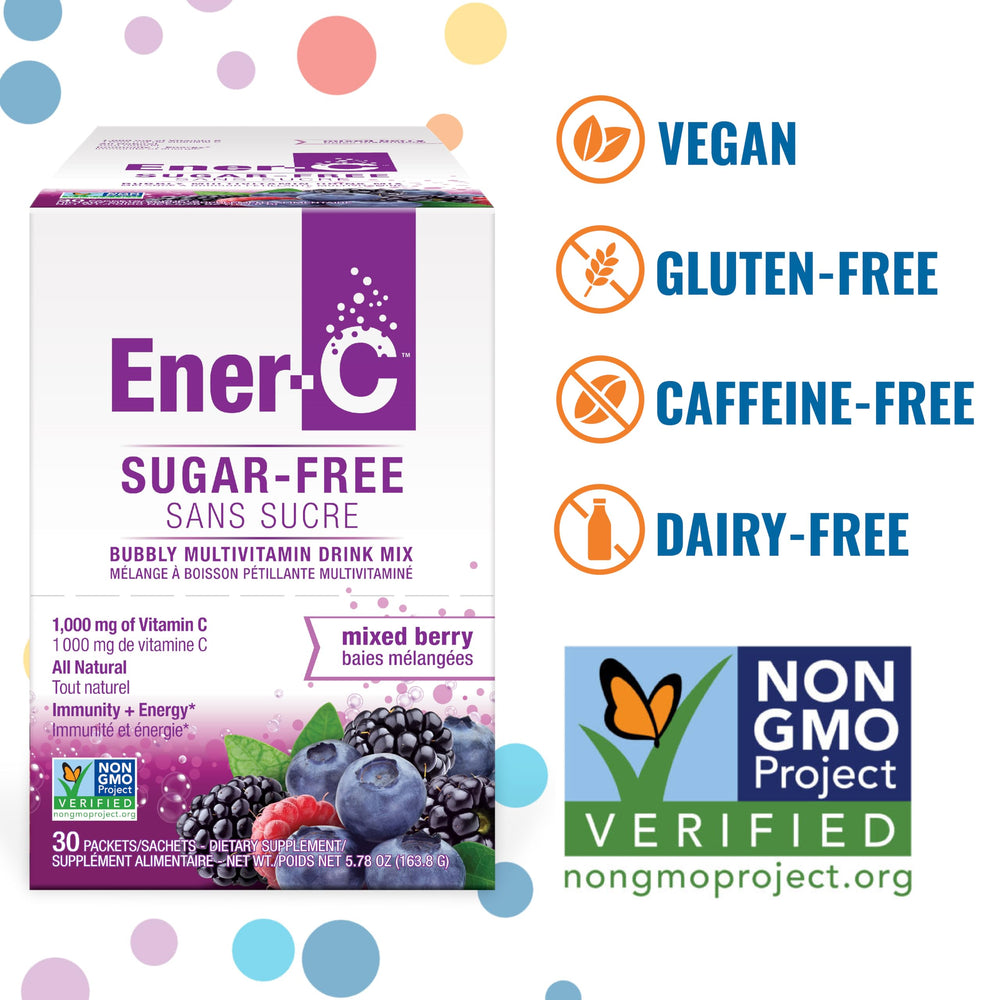 Ener-C sugar-free energy mixed berry zinc and vitamin content chart.