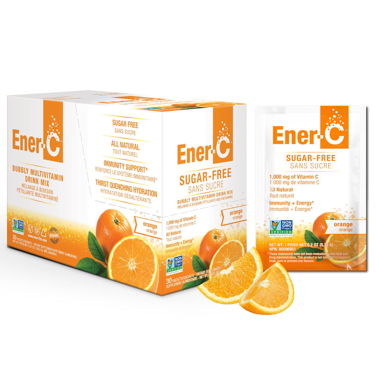 Ener-C sugar-free orange box front shows a convenient daily multivitamin boost