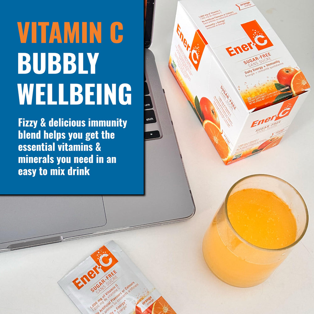 Ener-C effervescent orange dissolving in a glass for refreshing intake
