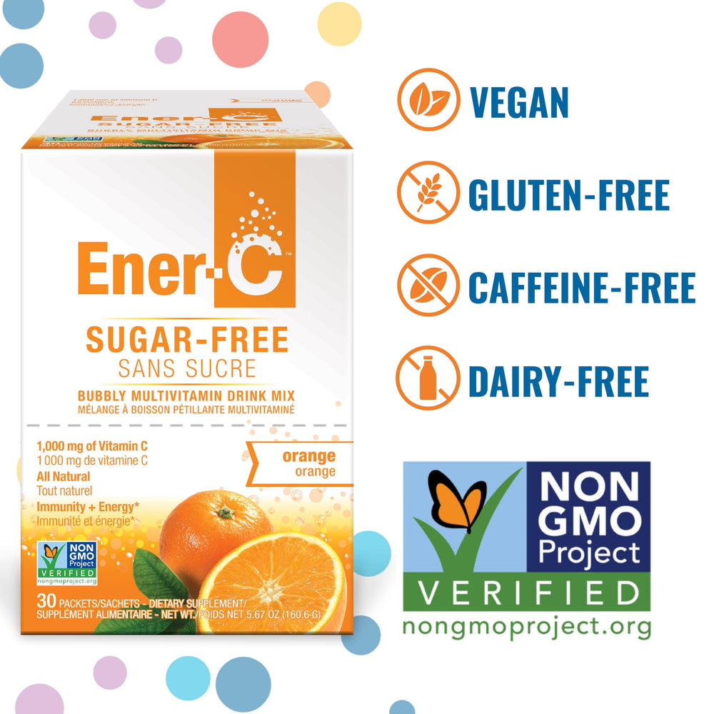 Ener-C orange sugar-free packet pour demonstrates quick vitamin delivery for busy days