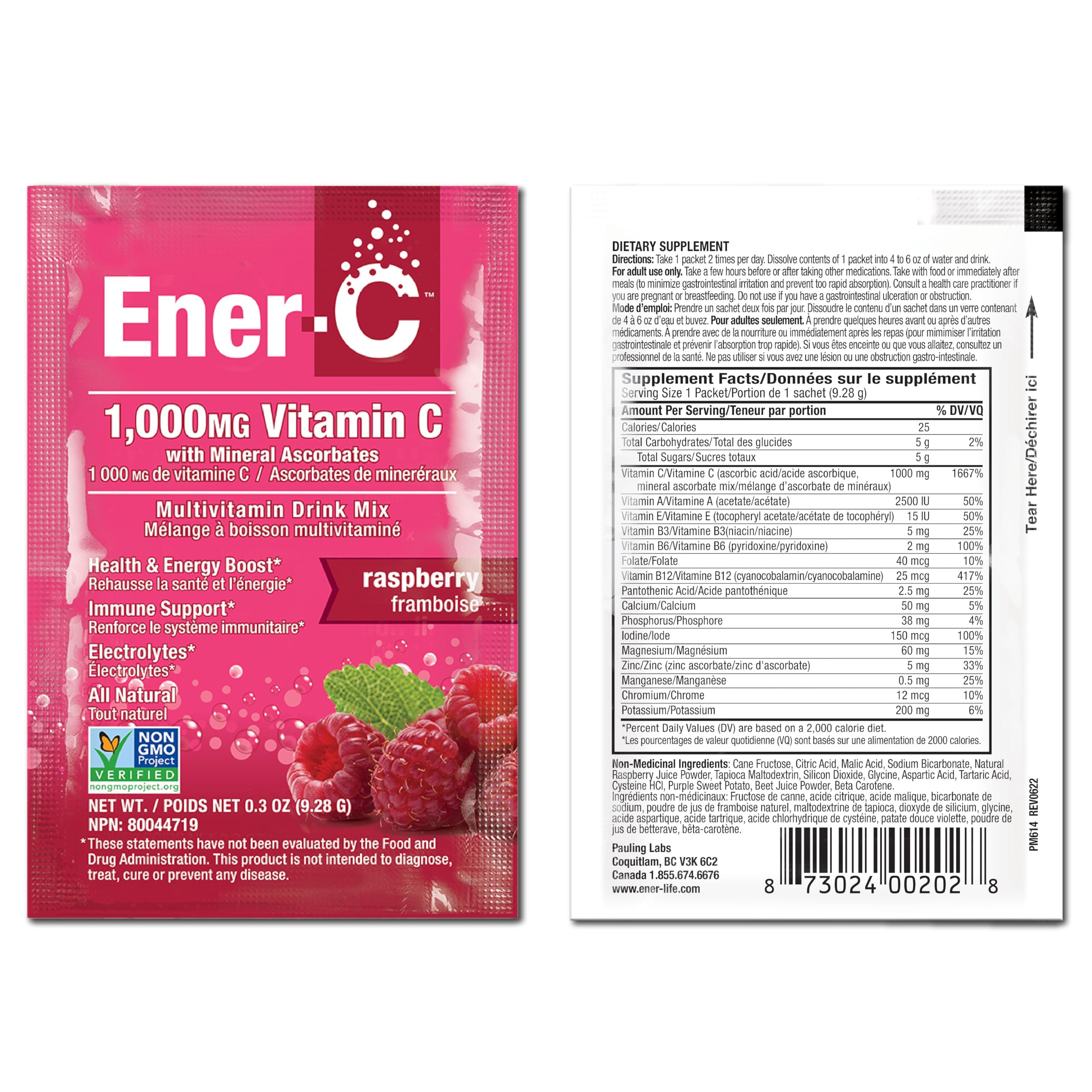 Ener-C vegan gluten-free purity tested packaging on shelf.
