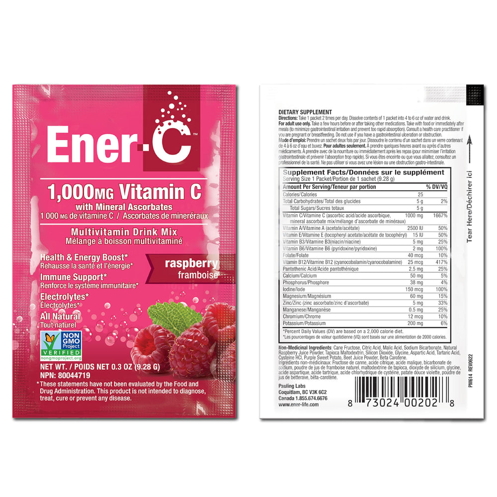 Ener-C vegan gluten-free purity tested packaging on shelf.