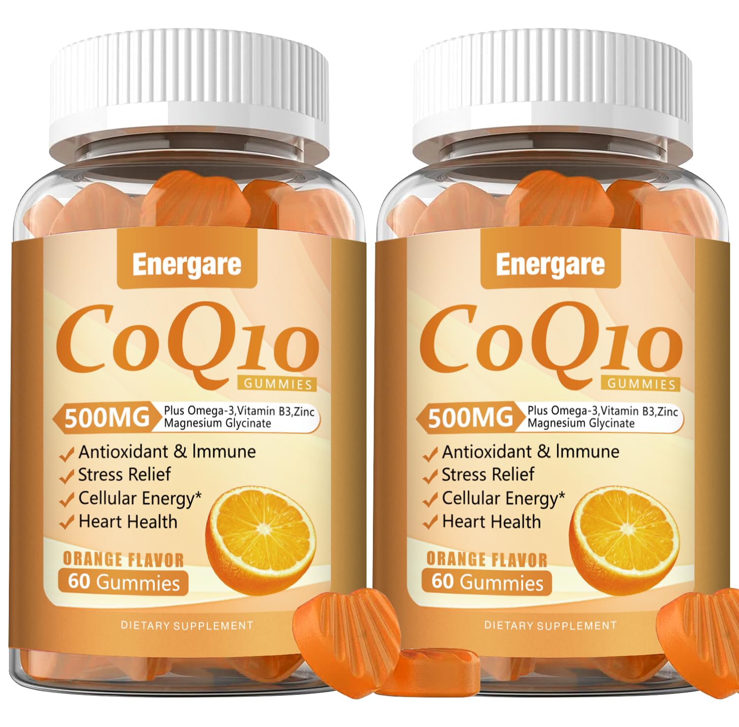 Energare CoQ10 gummies bottle close-up showcasing chewy texture and heart-supporting benefits.