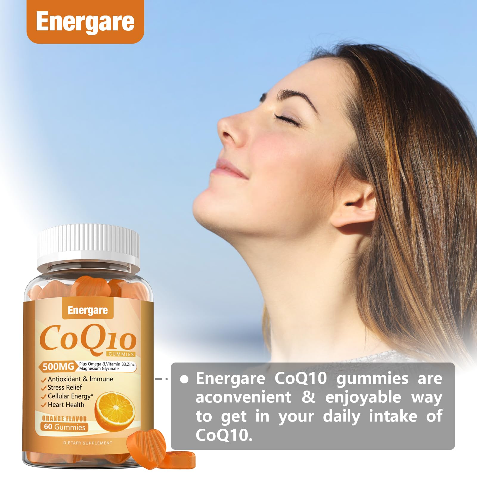 Energare ingredients chart graphic illustrating 500 mg CoQ10 and added nutrients.