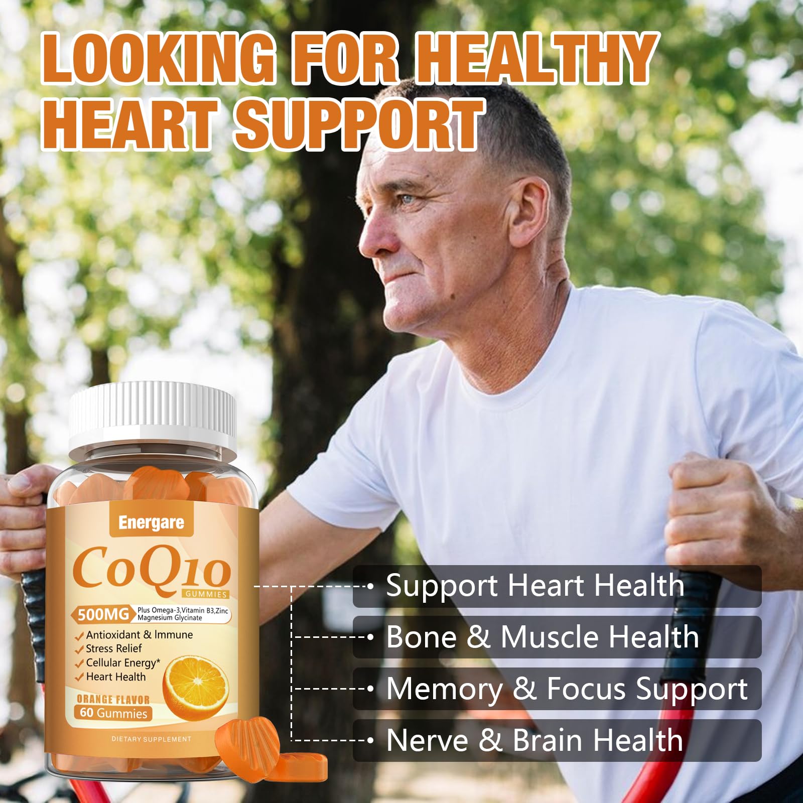 Energare omega-3 visual showing gummies with omega-3 benefits for circulation.