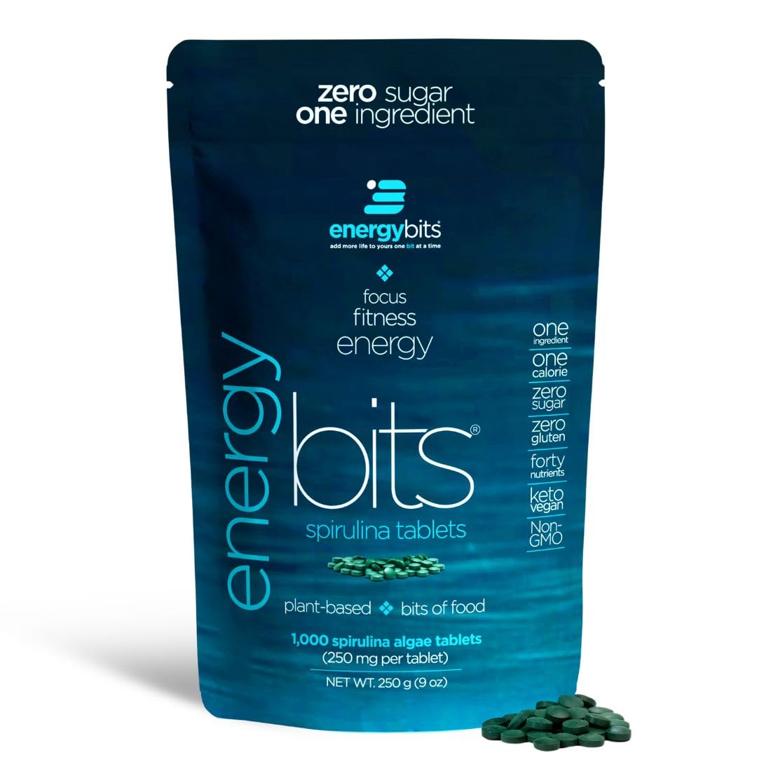 ENERGYBITS spirulina tablets bottle for quick energy support.