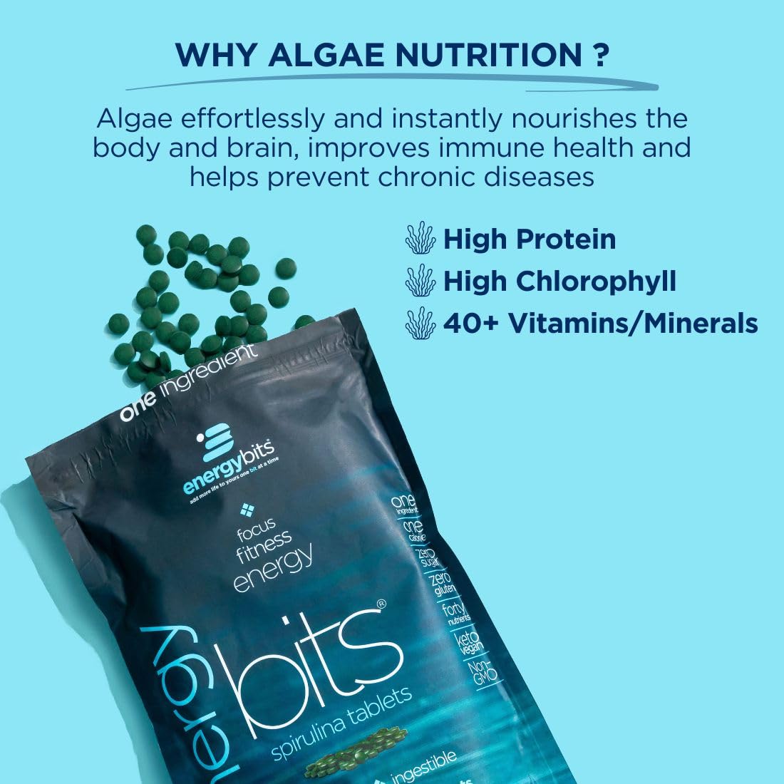 ENERGYBITS tablets close-up showing protein-rich spirulina for focus.