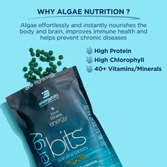 ENERGYBITS tablets close-up showing protein-rich spirulina for focus.
