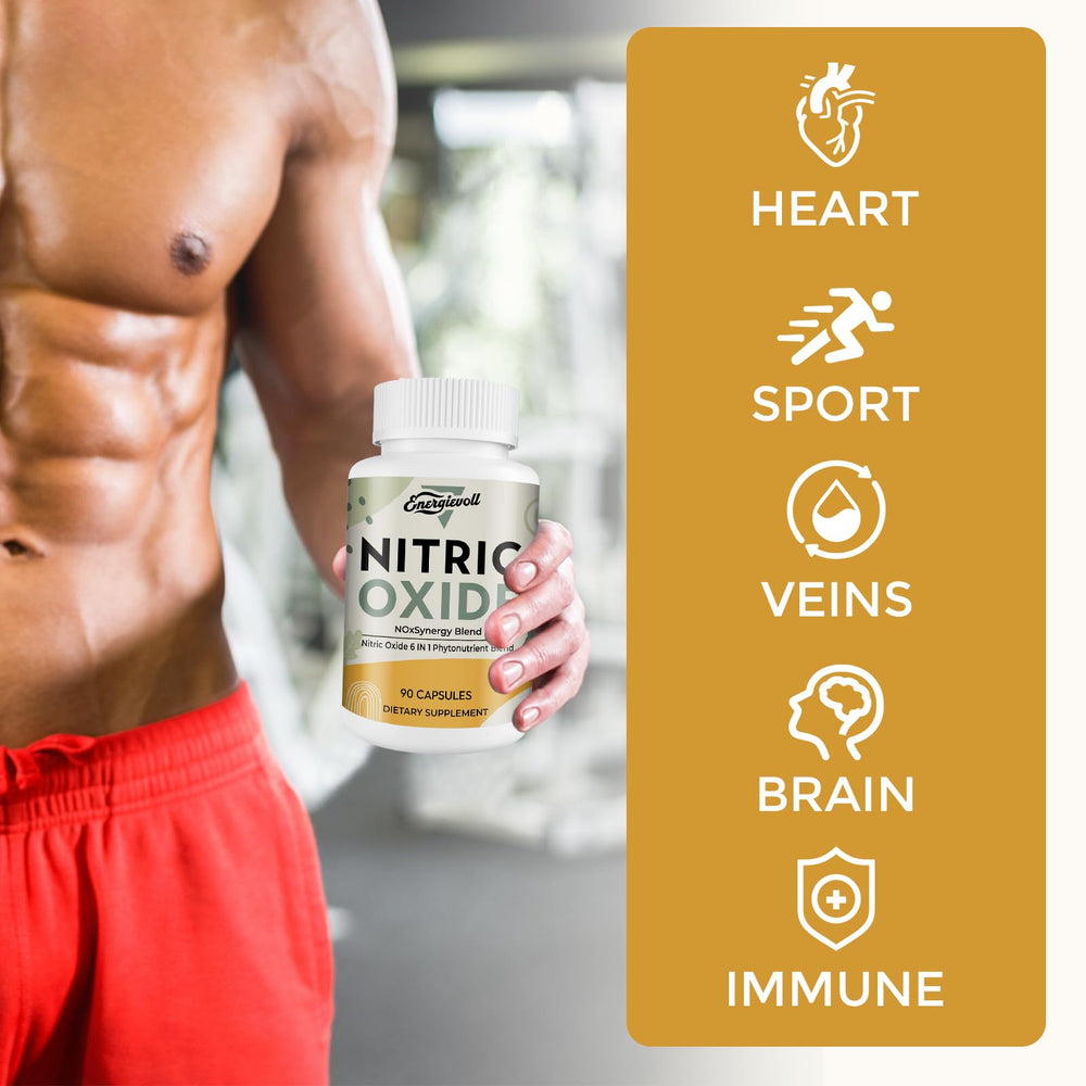 Three Energievoll Nitric Oxide capsules per serving illustrate a simple daily routine.