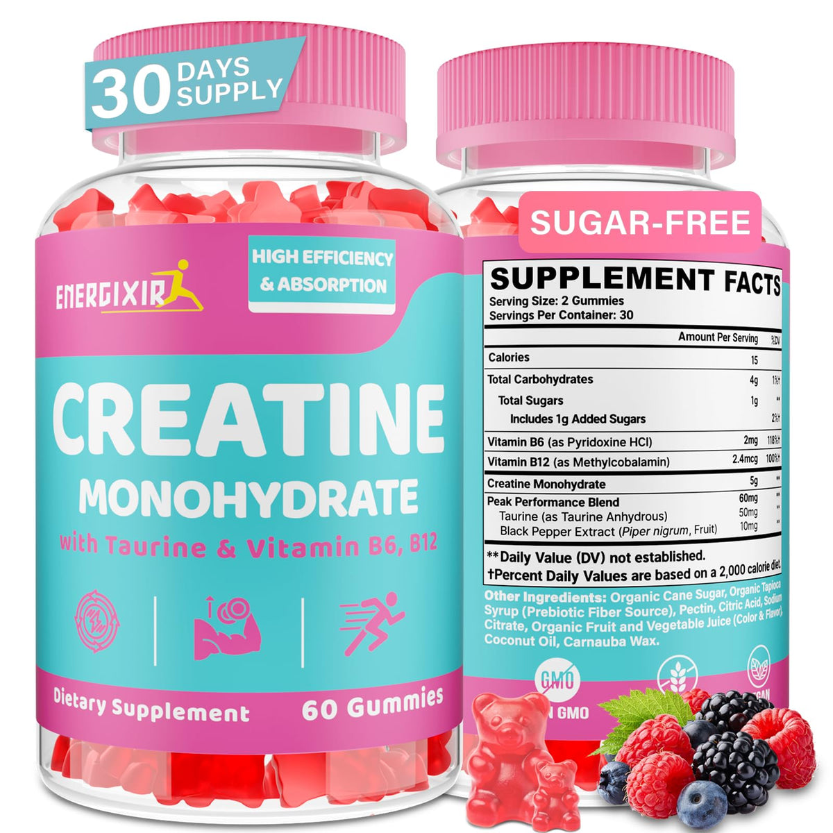 Energixir Creatine Monohydrate Gummies berry flavor bottle for daily strength and energy