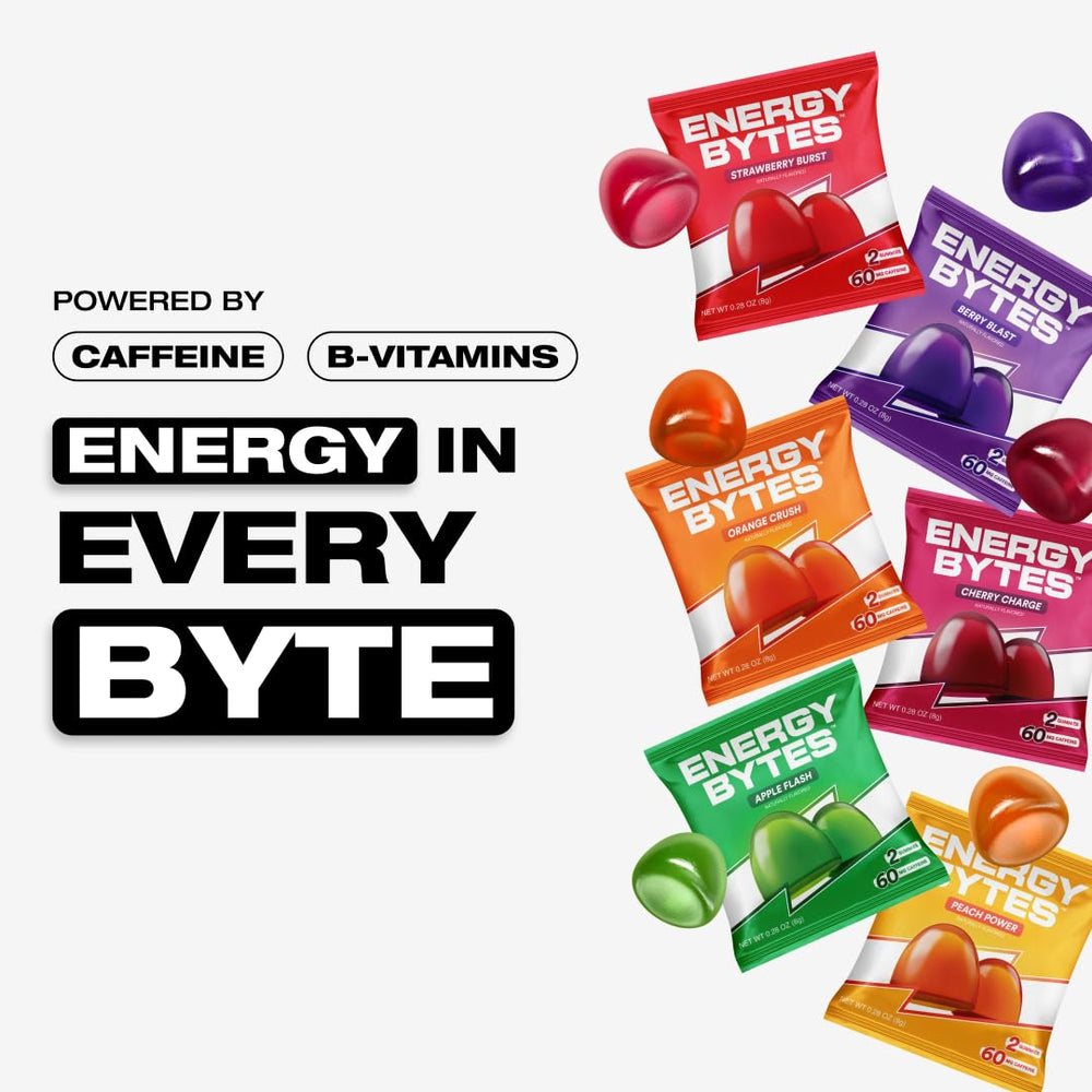 Energy Bytes caffeine gummies bottle shown for on-the-go fueling