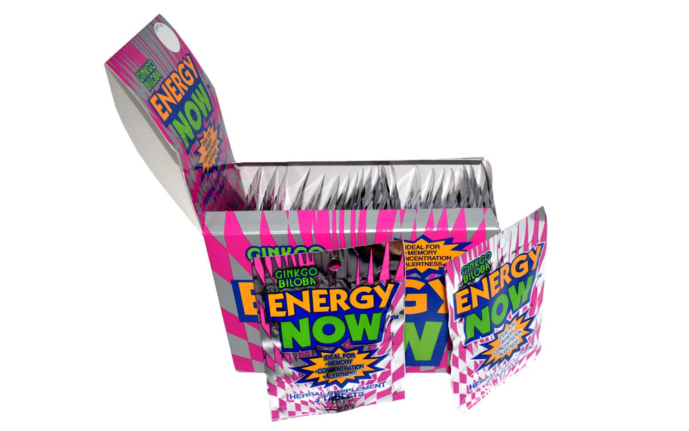 Energy Now Ginkgo Biloba box packaging displays trusted health support on the go.