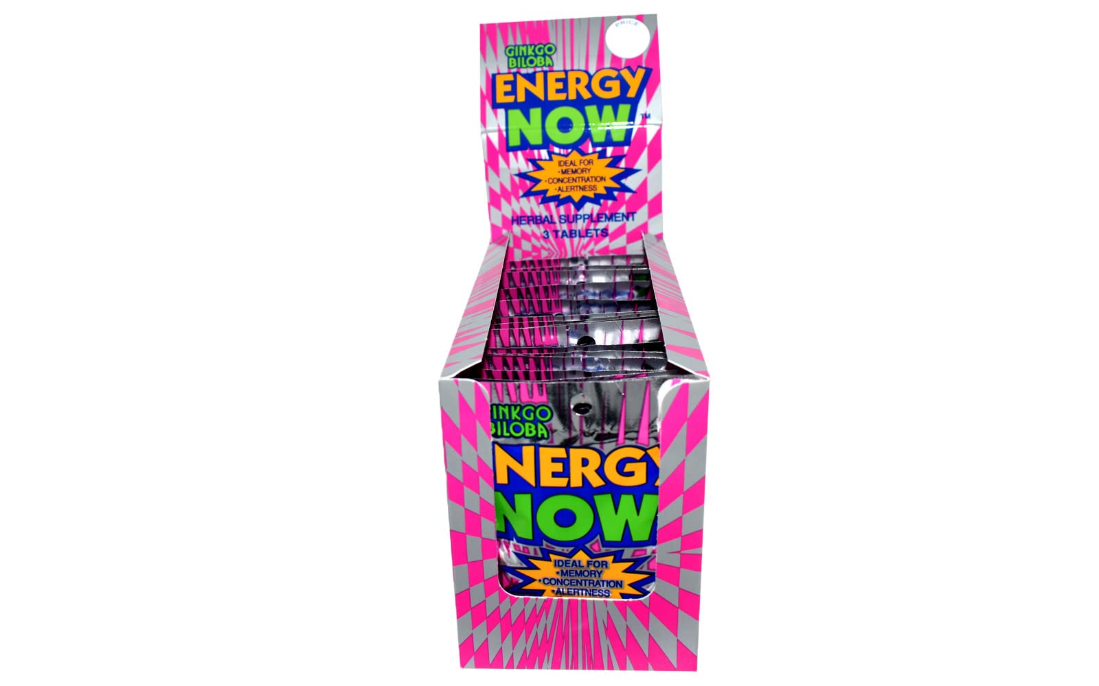 Energy Now Ginkgo Biloba capsules closeup showcases compact daily-use supplement.