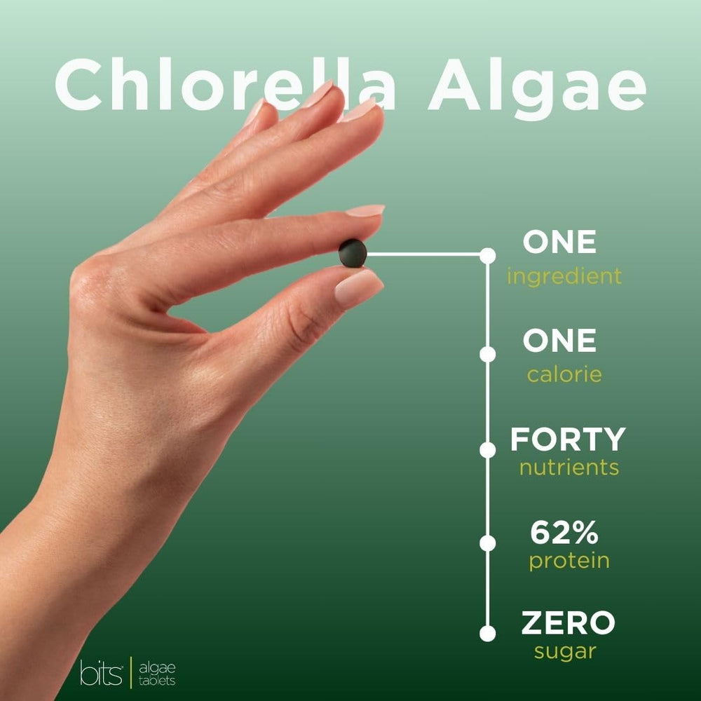 ENERGYBITS chlorella tablets nutrition panel emphasizes 40 nutrients.