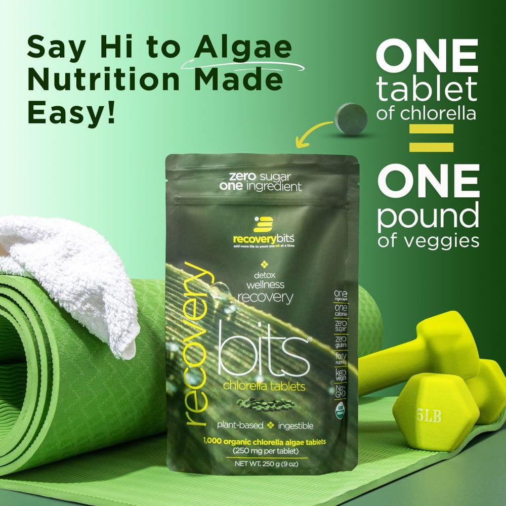 ENERGYBITS Recoverybits bottle packaging highlights convenient plant-based detox.