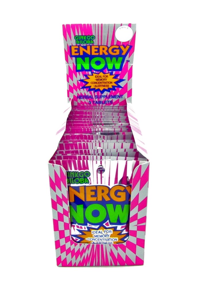 Energy Now Ginkgo Biloba packets close-up, convenient single-serve options for customers.
