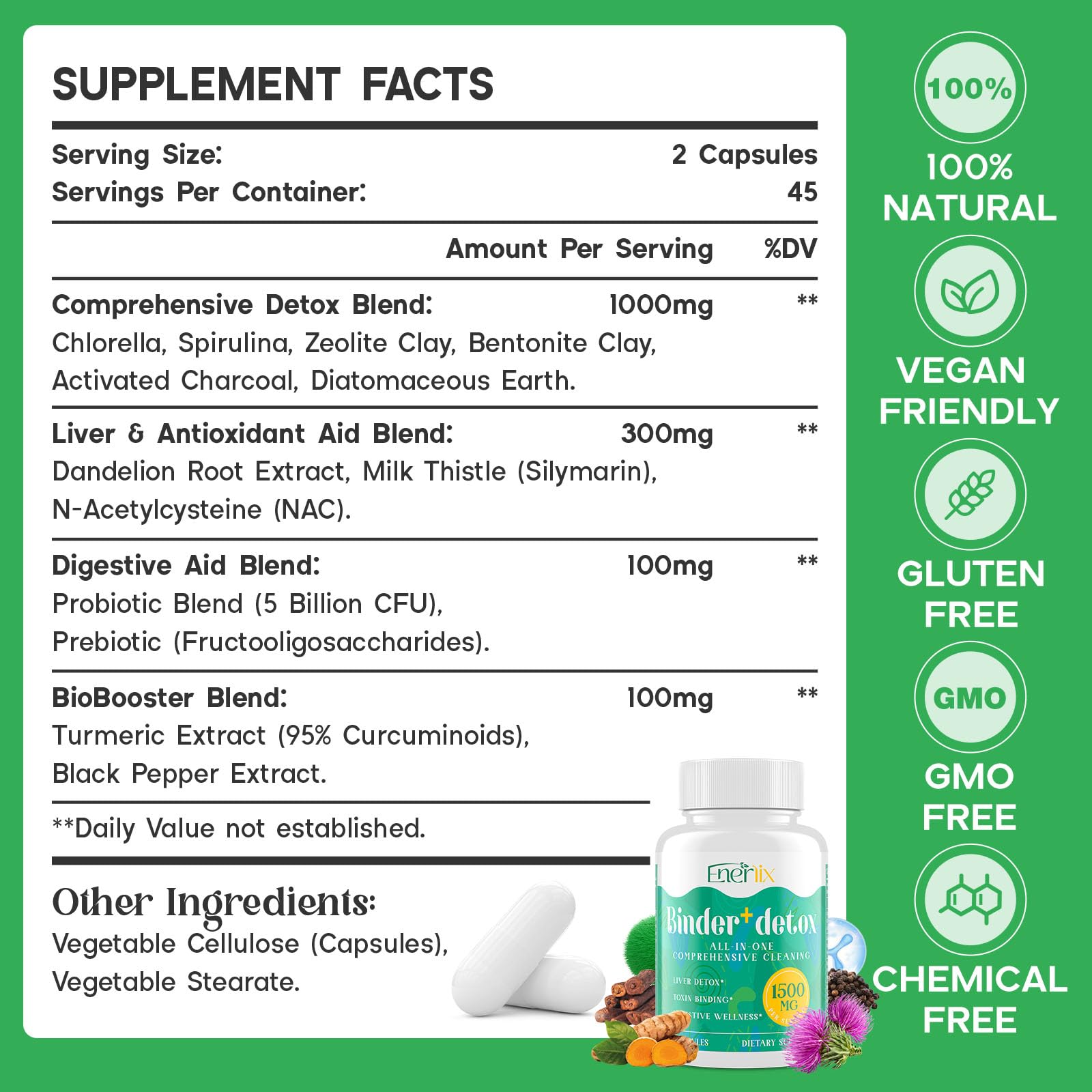 Enerlix 15-in-1 Detox Binder capsules close-up, easy-to-swallow vegan capsules.