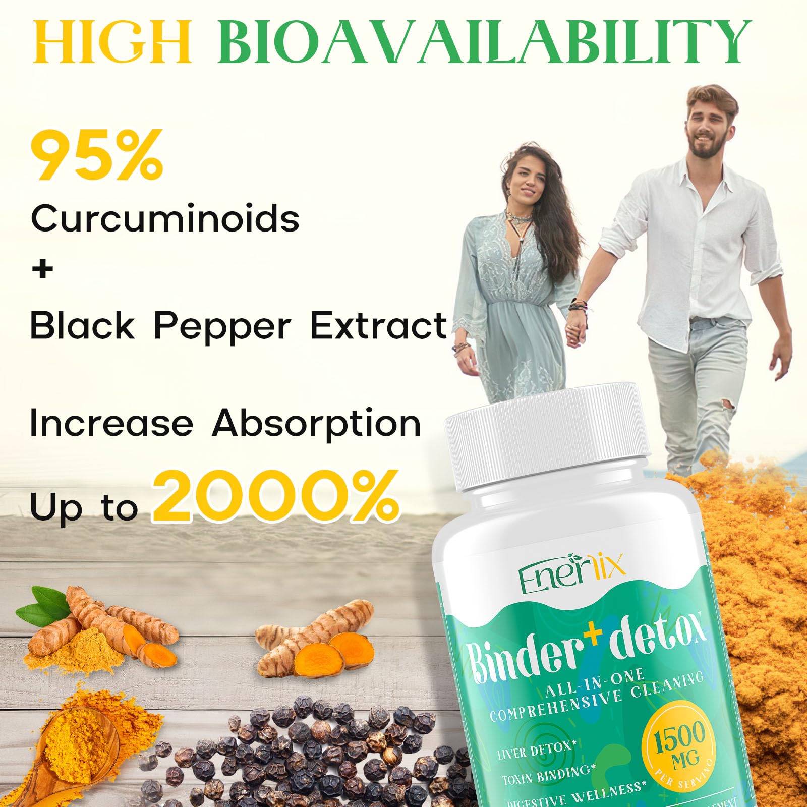 Enerlix Detox Binder ingredients panel shows charcoal, zeolite, bentonite.