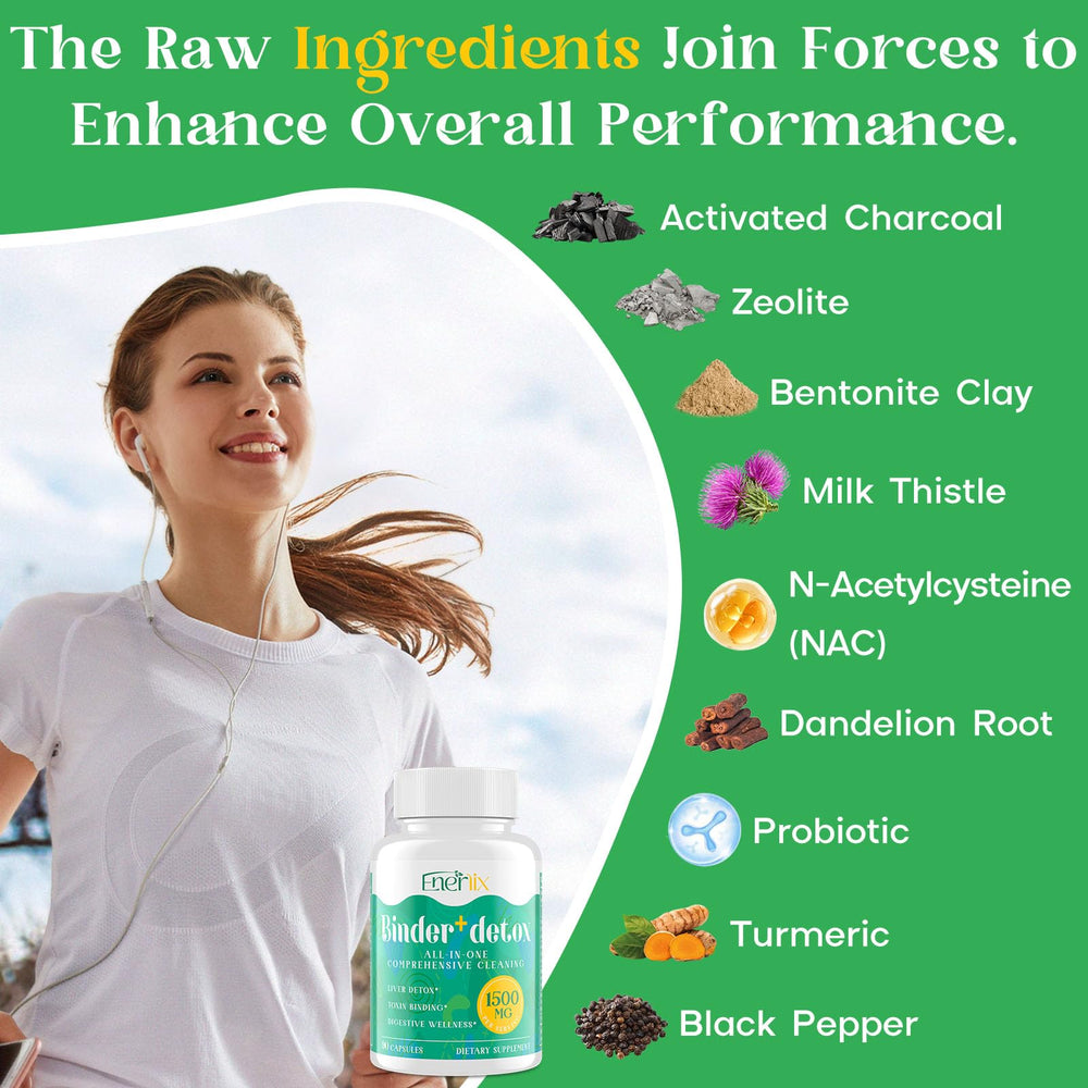 Enerlix Detox Binder label panel highlights key ingredients.