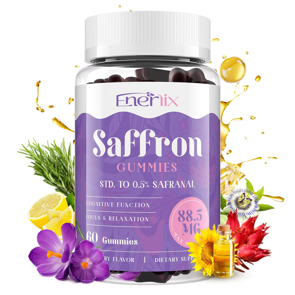 Enerlix Saffron Gummies bottle provides convenient daily mood support in raspberry flavor.