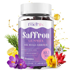 Enerlix Saffron Gummies bottle provides convenient daily mood support in raspberry flavor.