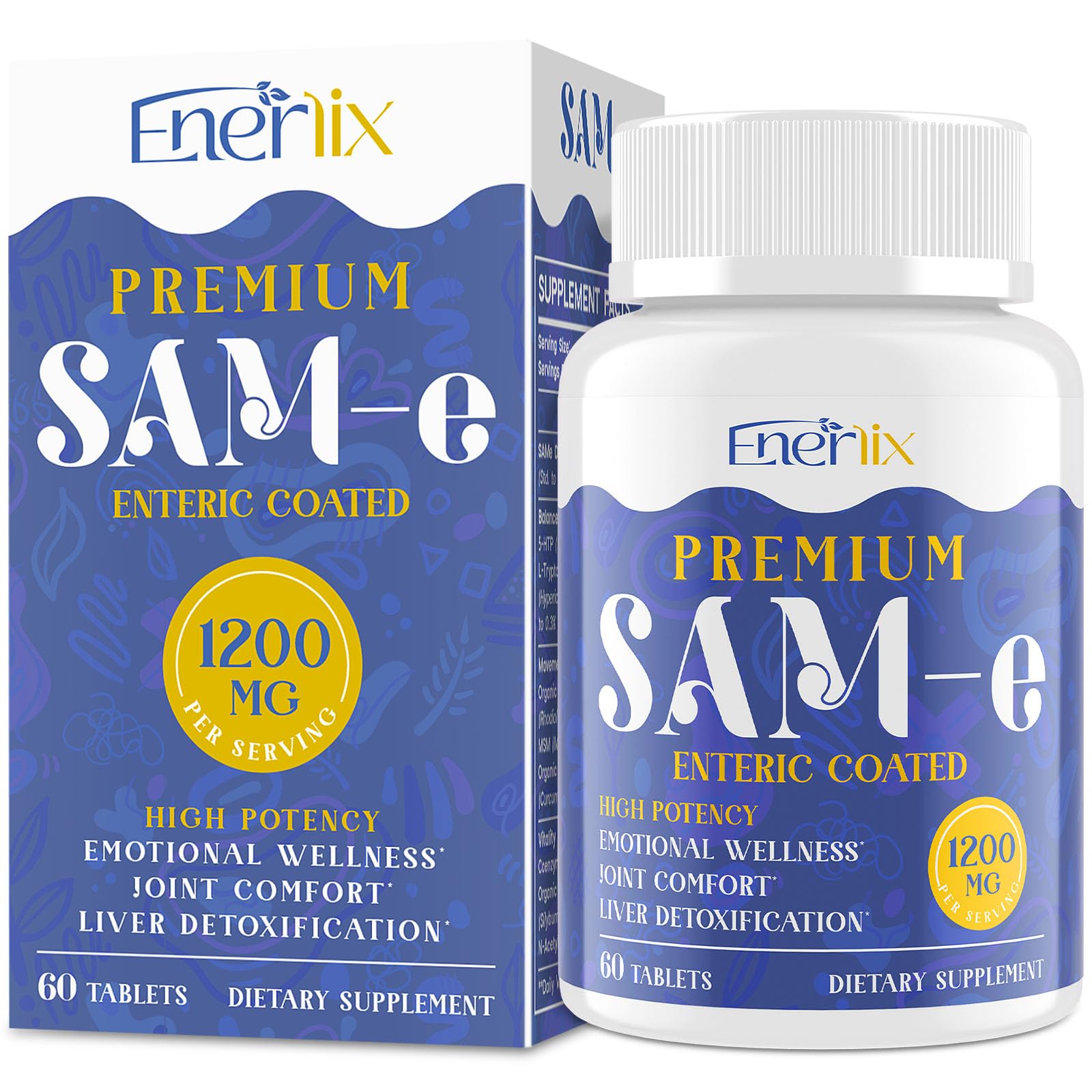 Enerlix SAM-e 1200mg bottle front supports mood and joint wellness.