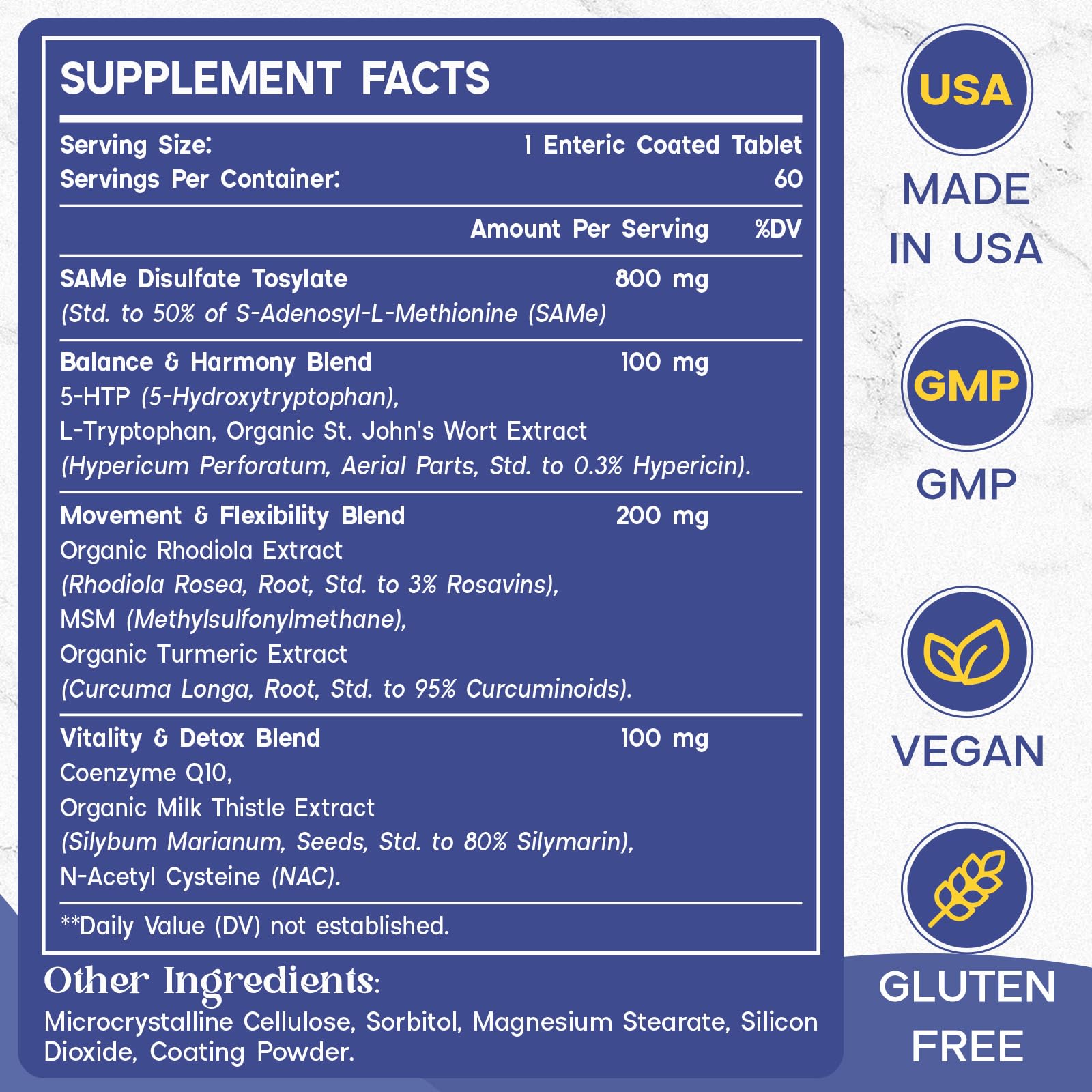 Enerlix SAM-e bottle label closeup highlights enteric coating for absorption.