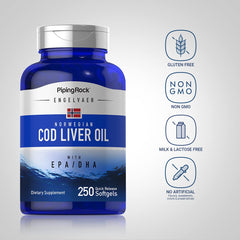 Engelvaer Norwegian cod liver oil softgels in a clear bottle for premium quality.