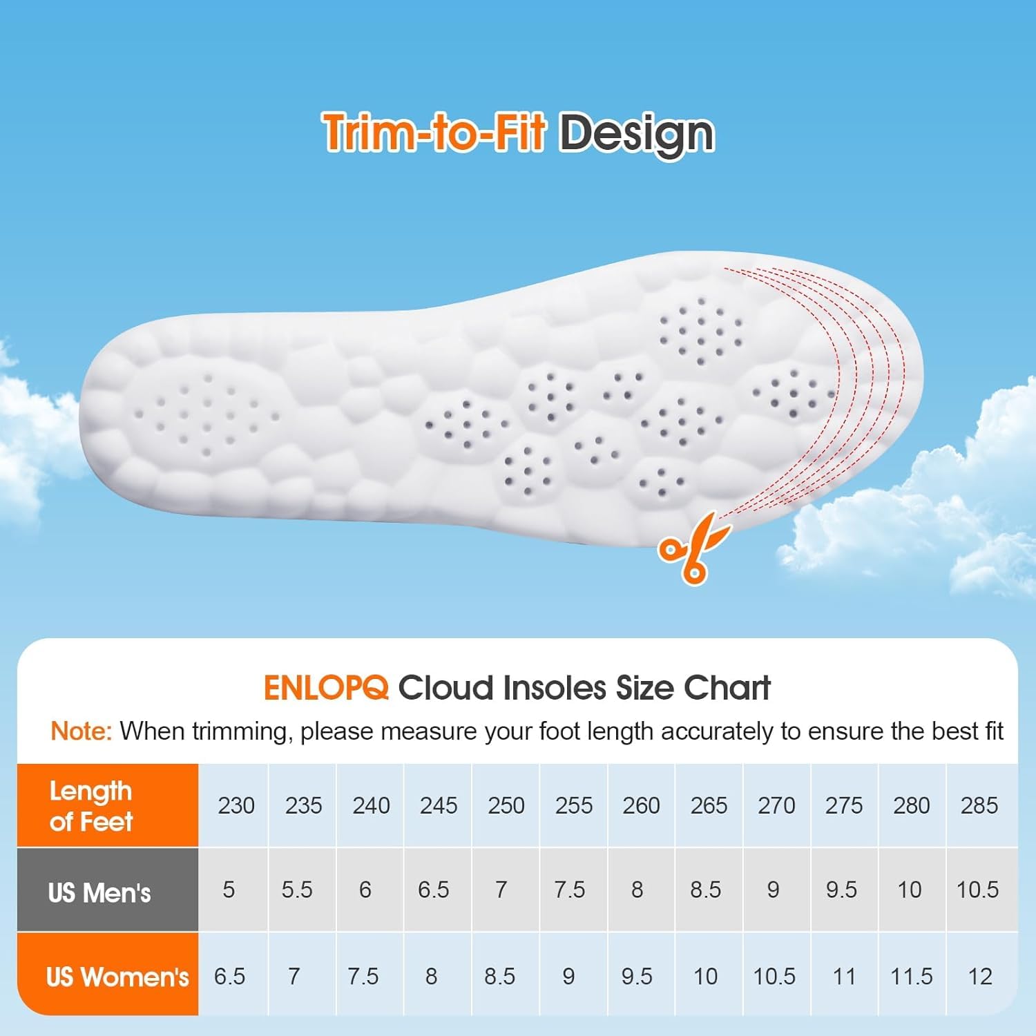 ENLOPQ 4D Cloud-like Comfort Sole trim-to-fit concept for precise sizing