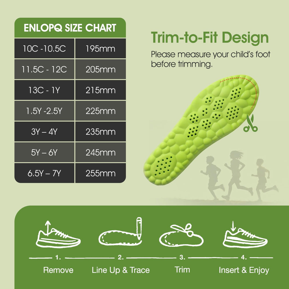 ENLOPQ Adaptive Cushion Fit insoles trim-to-fit to suit school shoes or sneakers.