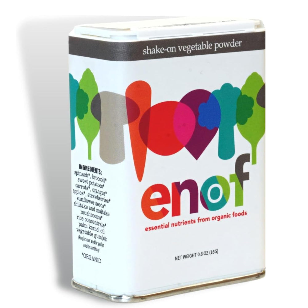 ENOF fruit and vegetable powder with strawberry shown served for easy daily nutrition.