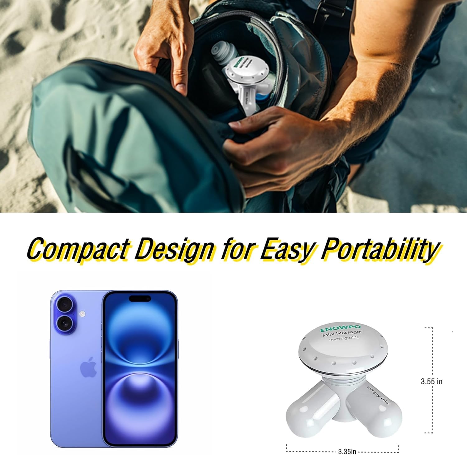 ENOWPO handheld mini massager usb-charging demonstrates cordless convenience.