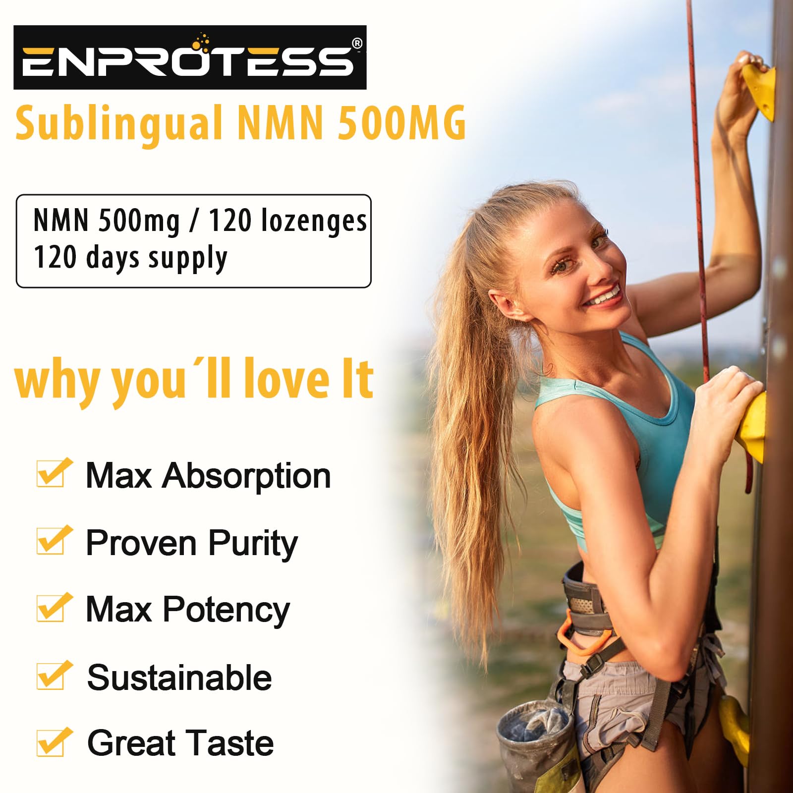 Enprotess NMN bottle dispensing a lozenge for NAD support.