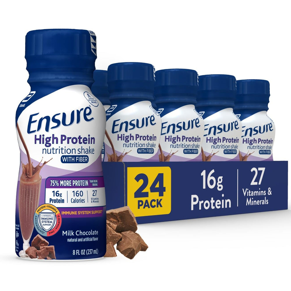 Ensure High Protein Milk Chocolate bottle pour, a convenient ready-to-drink protein option.