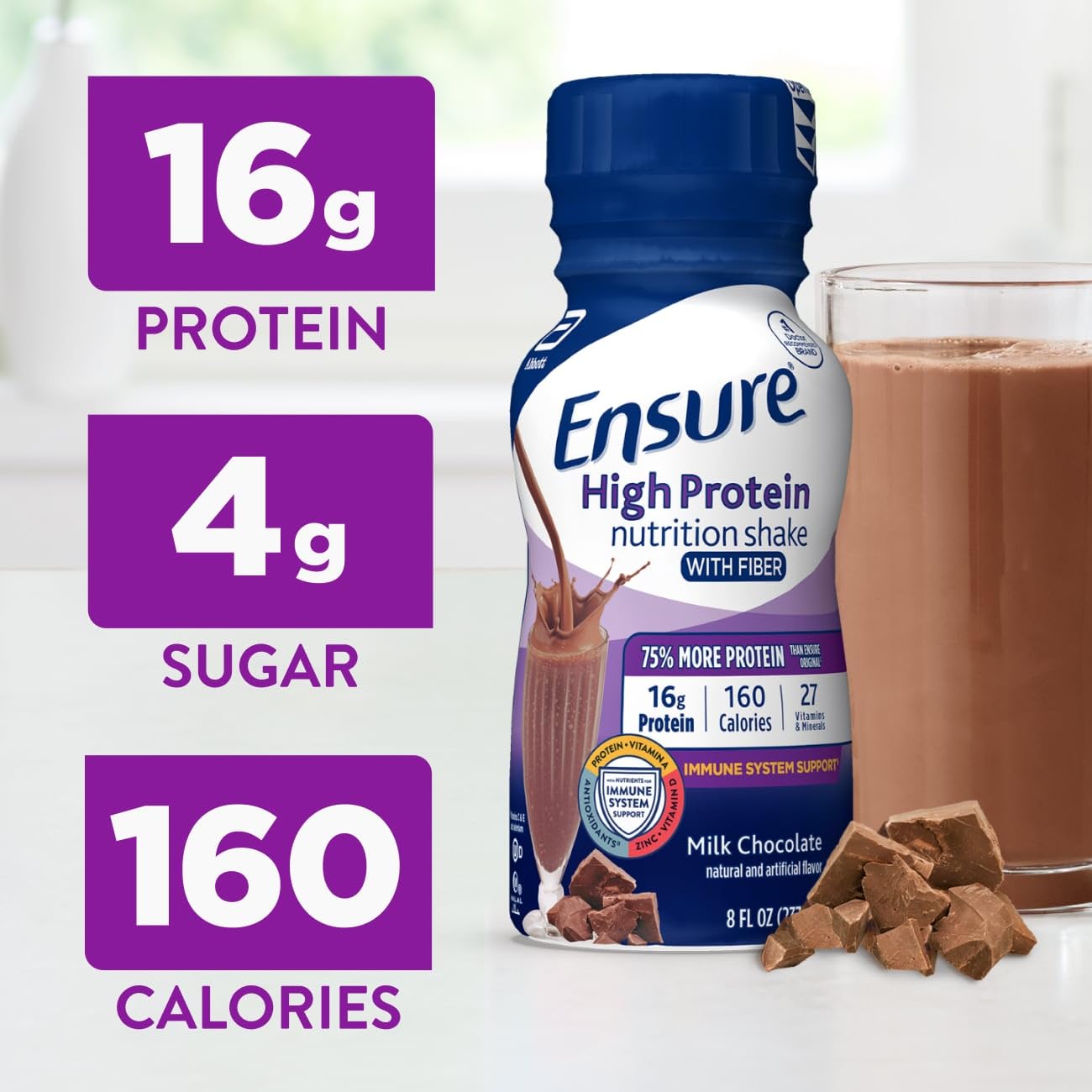 Ensure High Protein Milk Chocolate packaging label shows 16g protein and 27 vitamins.