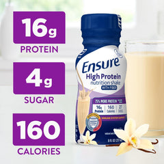 Pouring Ensure High Protein Vanilla Nutrition Shake into a glass for a quick protein boost.