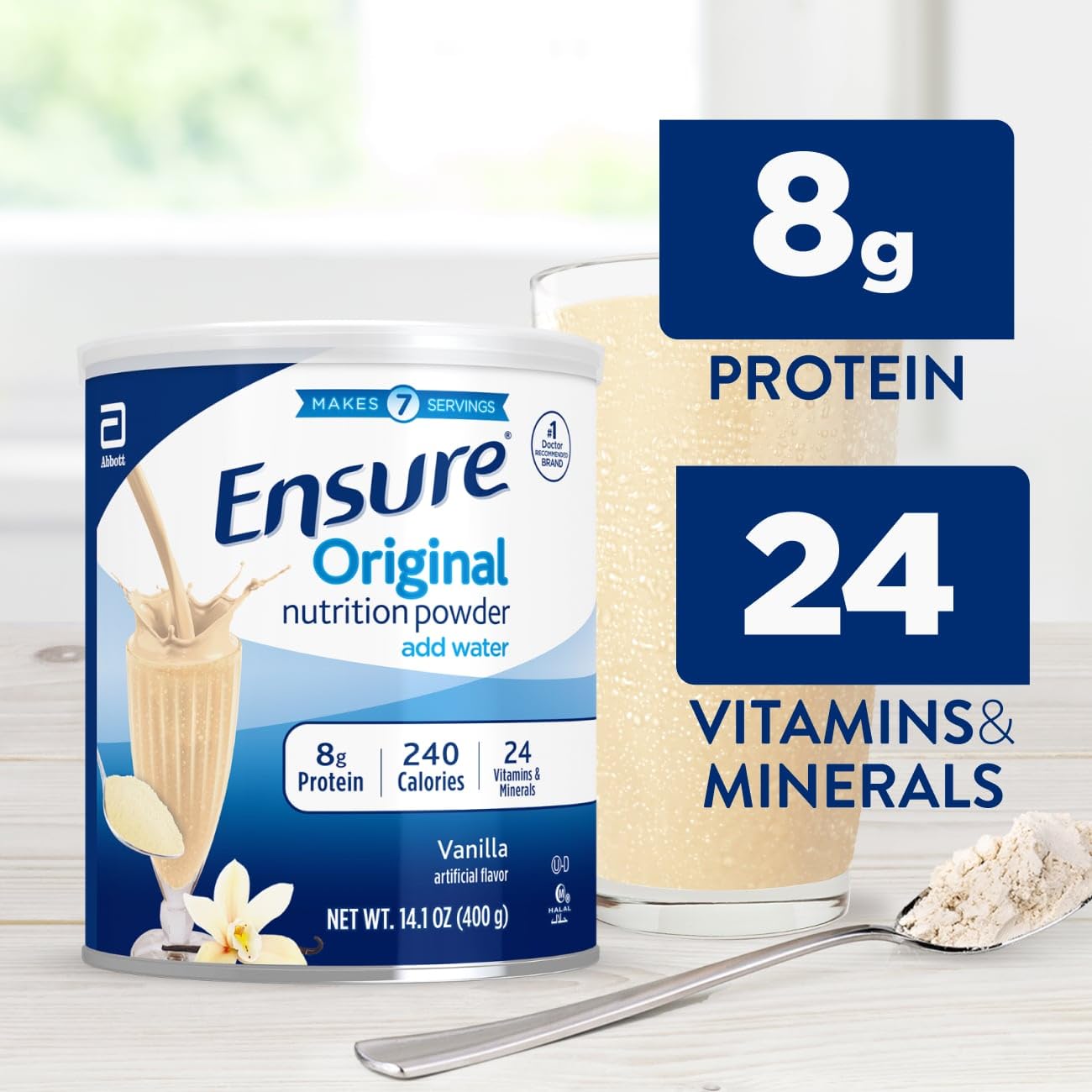 Scoop beside Ensure powder highlights 8g protein per serving.