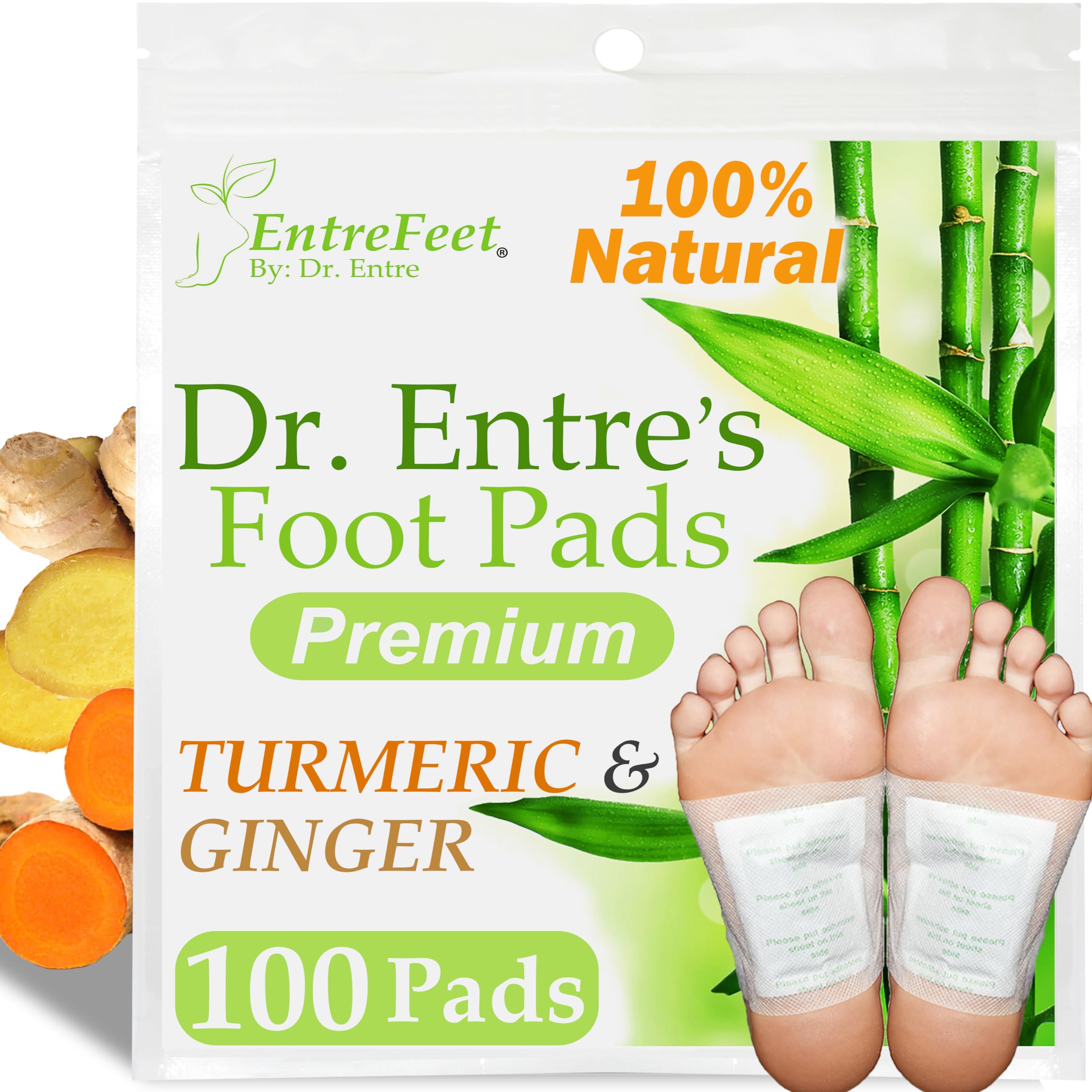 EntreFeet 100 turmeric ginger foot pads packaging showing easy stock-check and overnight use.