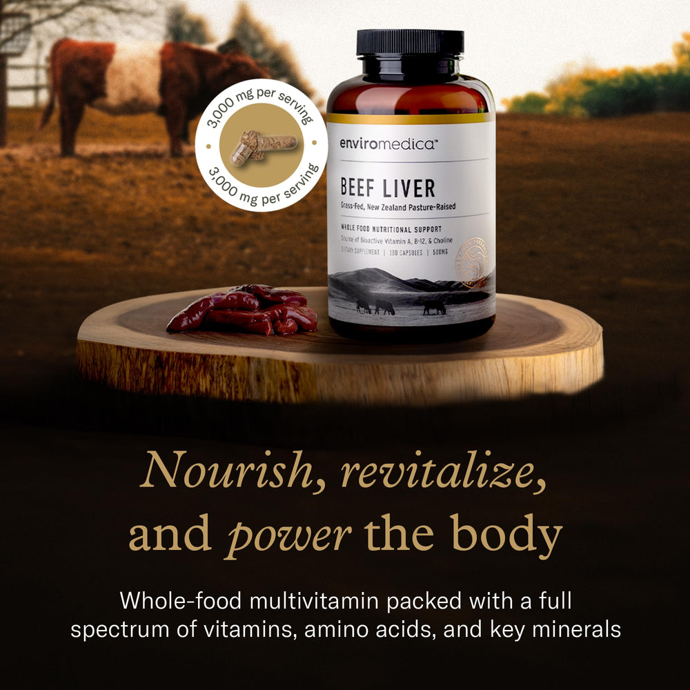 Enviromedica freeze-dried liver capsules close-up highlighting nutrient-dense formula for energy.