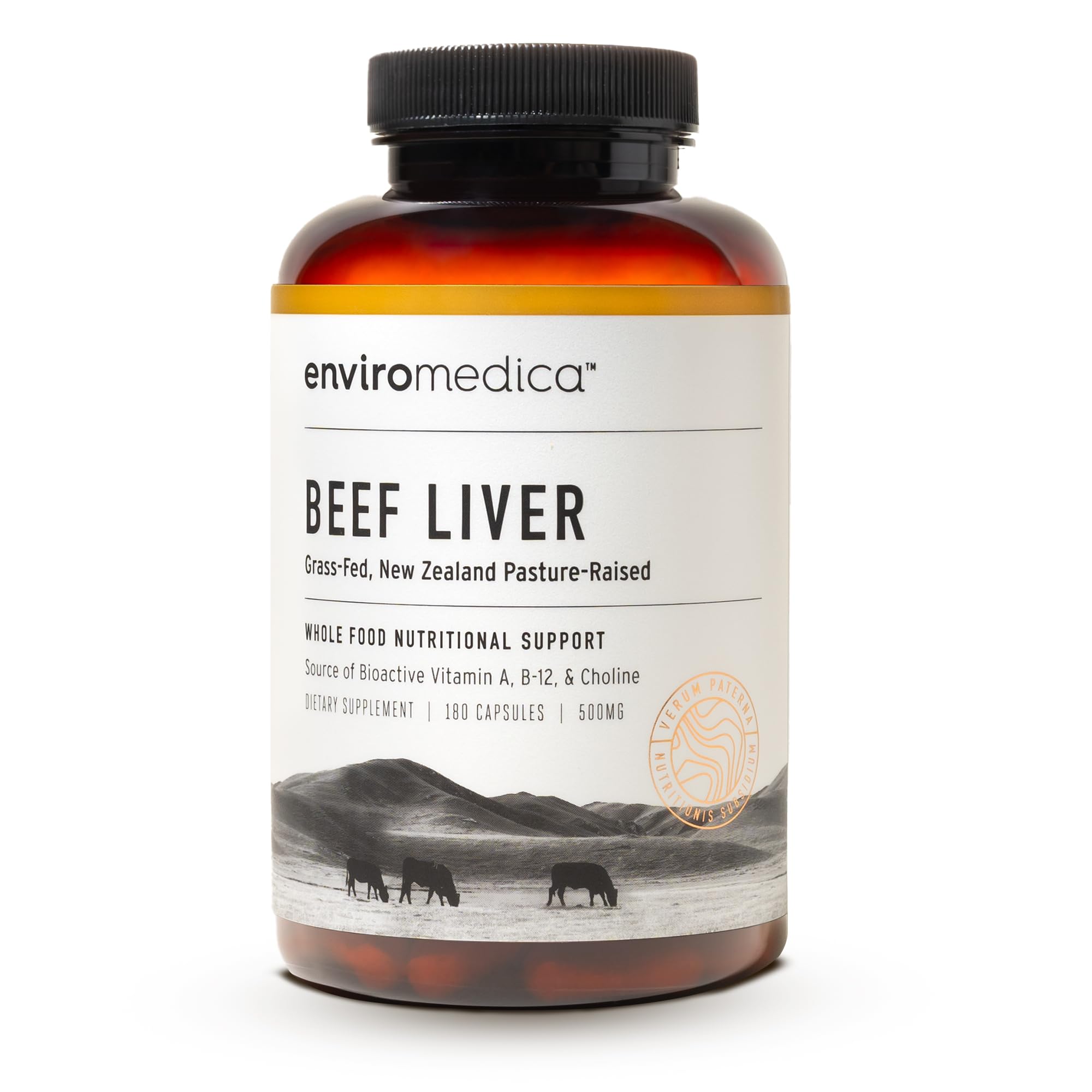 Enviromedica beef liver capsules bottle on the counter signaling daily wellness support.
