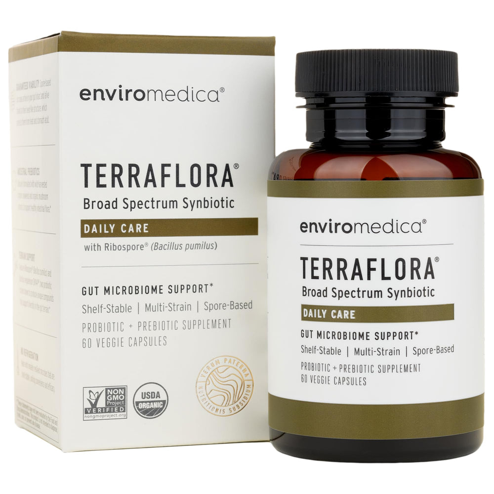 Enviromedica Terraflora Daily Care bottle front shows easy daily gut support.