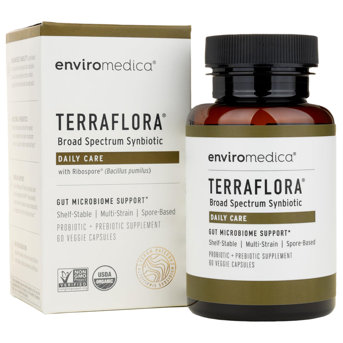 Enviromedica Terraflora Daily Care bottle front shows easy daily gut support.
