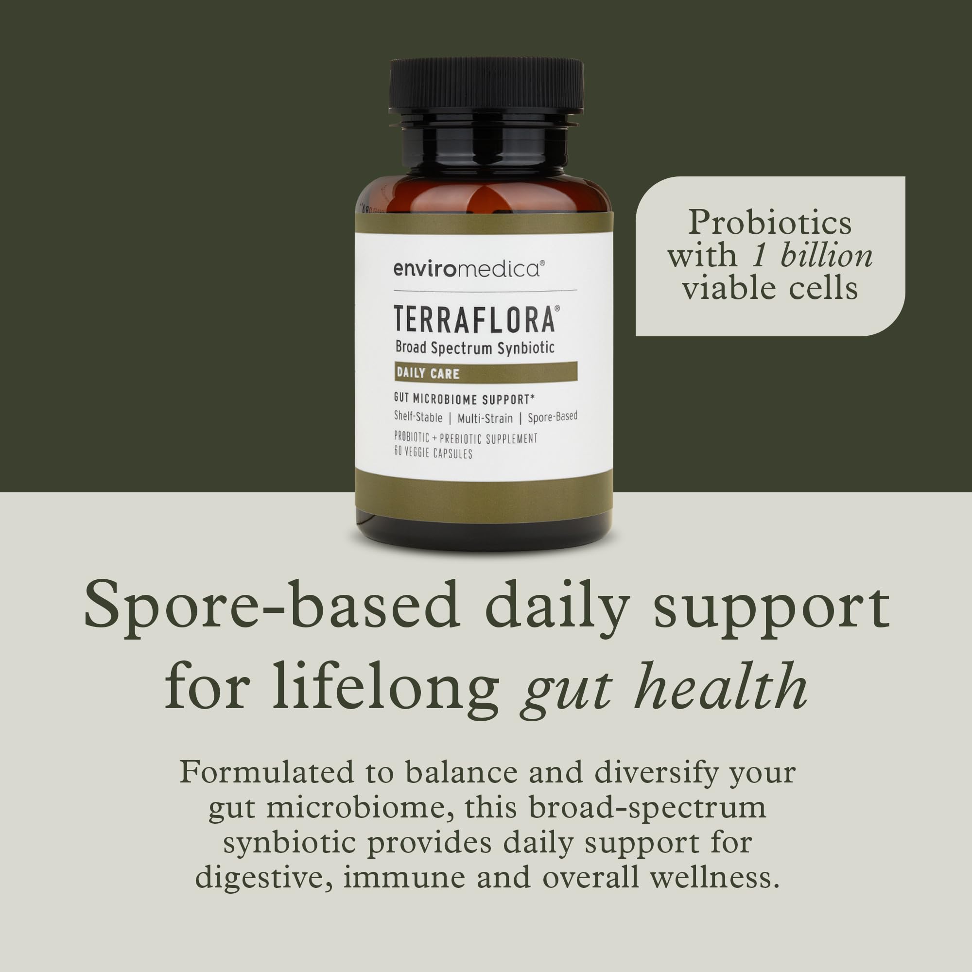 Terraflora Daily Care capsules close-up highlights spore-based probiotic protection.