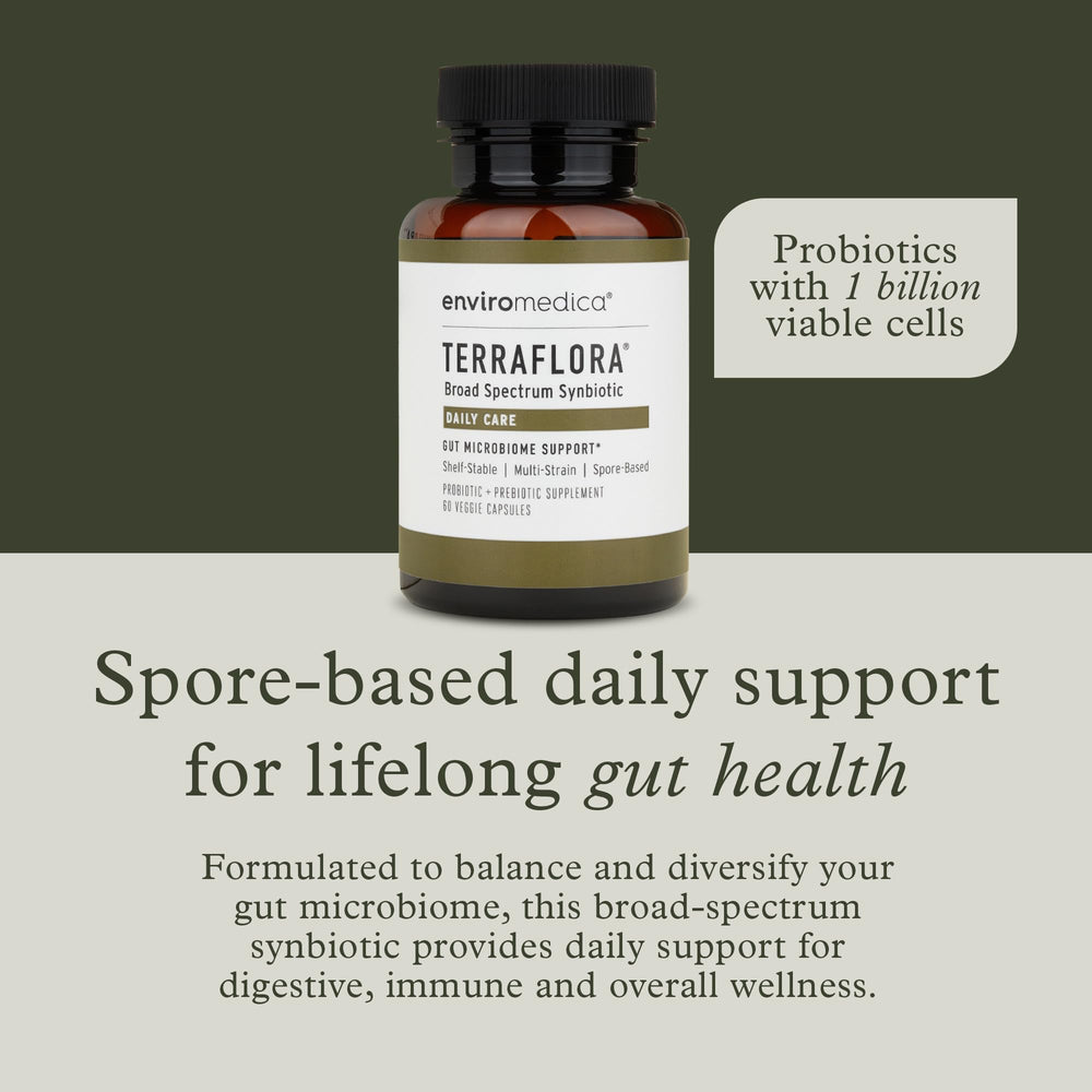 Terraflora Daily Care capsules close-up highlights spore-based probiotic protection.